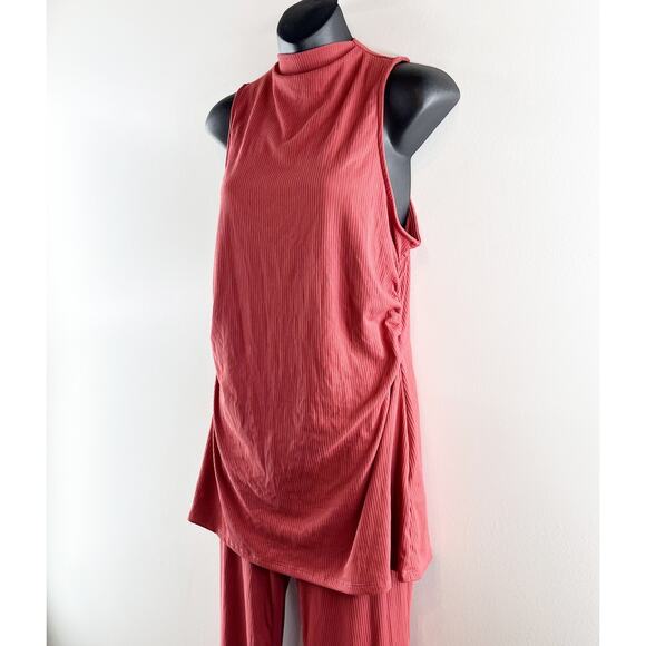 En Elly Anthropologie 2 Piece Ribbed High Neck Top & Flare Pants Red Medium - Picture 6 of 10